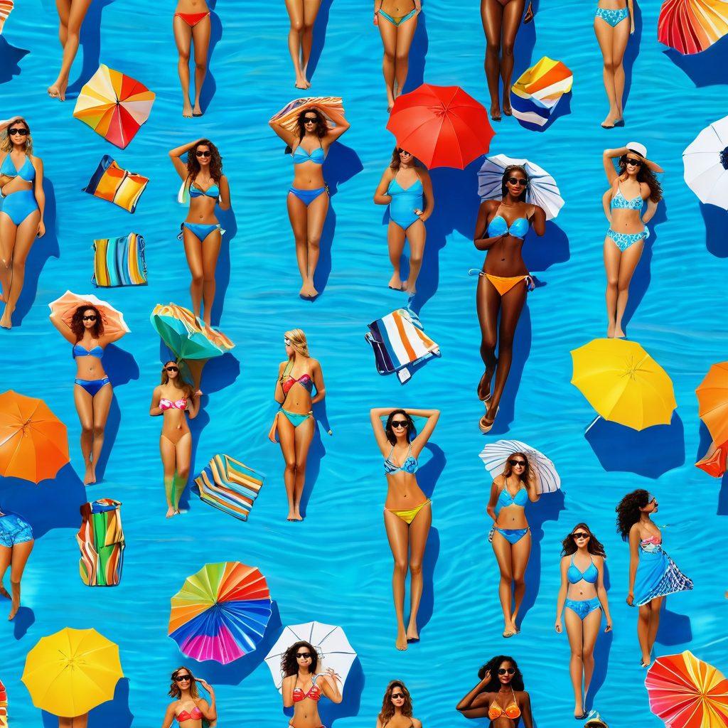 A fashionable beach scene featuring a diverse group of stylish individuals showcasing trendy swimwear and accessories, with the ocean waves gently crashing behind them. Include vibrant umbrellas and beach towels, capturing a sunny atmosphere full of life and excitement. The focus should be on the elegance and variety of beach fashion in a playful, lively setting. super-realistic. vibrant colors. bright blue sky.